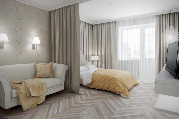 Гостиная, совмещенная со спальней - дизайн интерьера фото