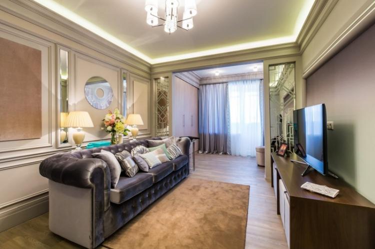 Узкая гостиная - дизайн интерьера фото