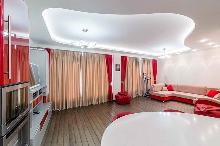 Двухуровневые натяжные потолки (100 фото)