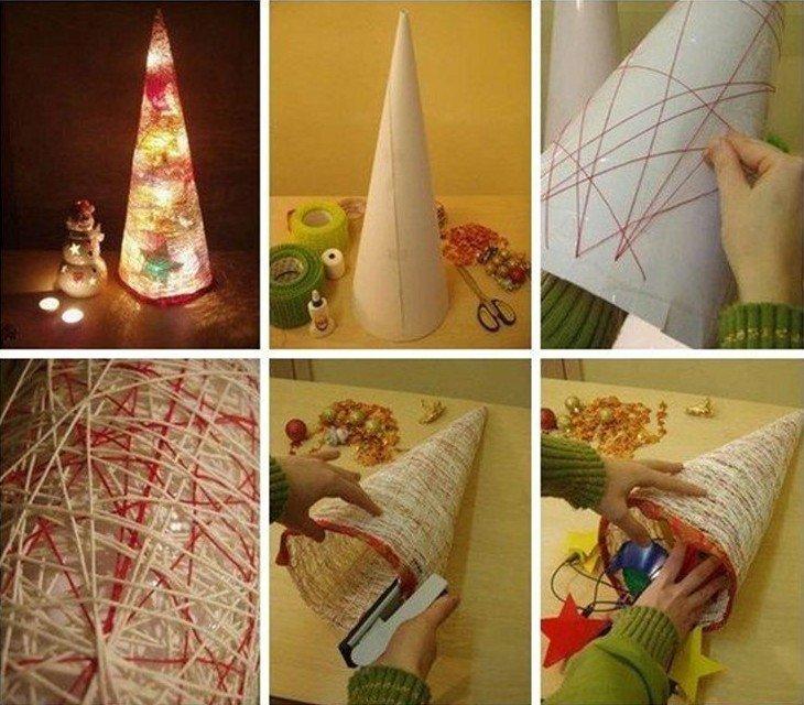 Полупрозрачная елка из ниток своими руками