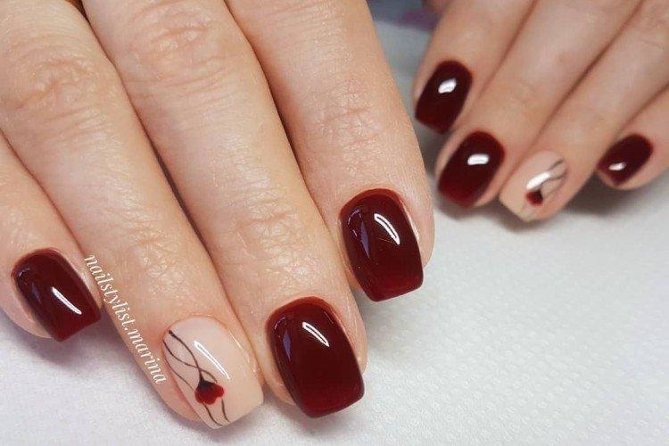 Бордовый маникюр с бежевым