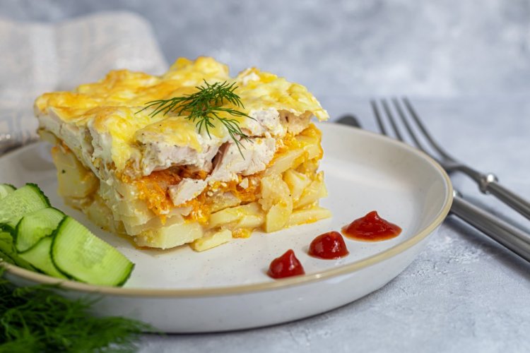Картофельная запеканка с курицей, луком и морковью