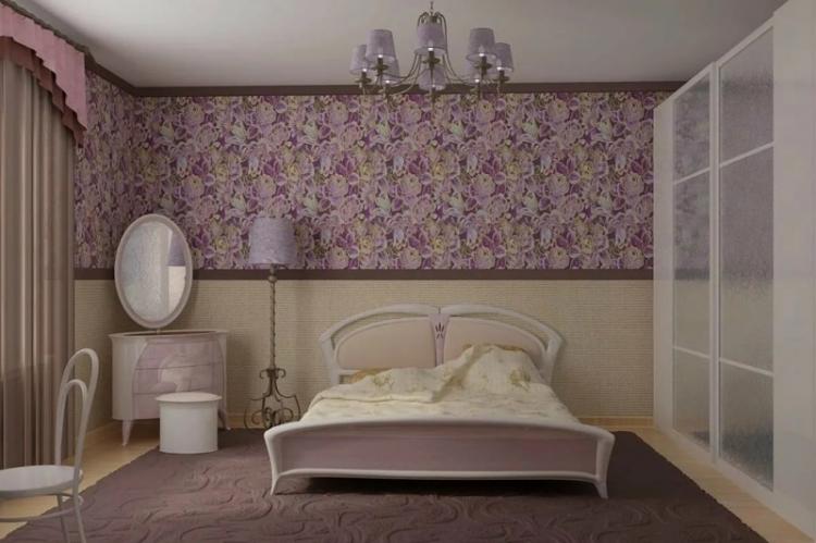 Горизонтальное комбинирование обоев в спальне