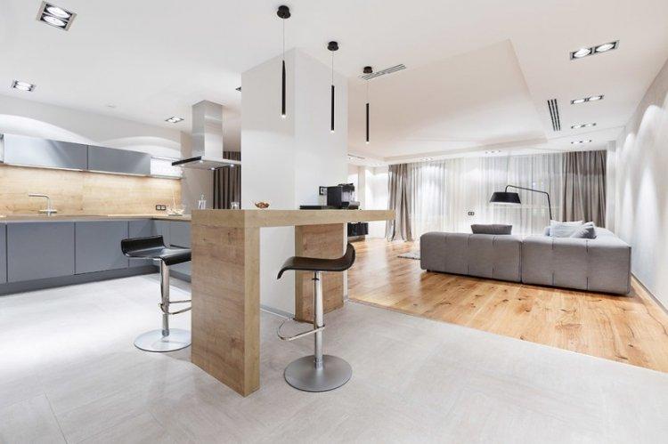 Отделка пола - Дизайн кухни-гостиной в современном стиле