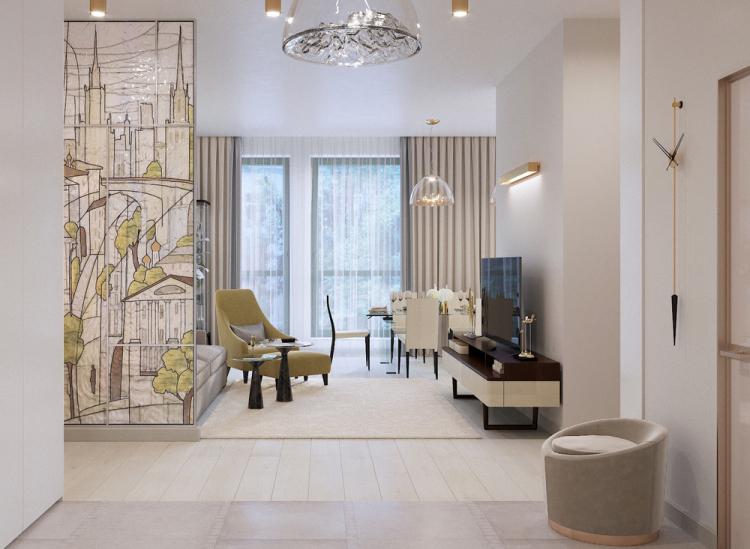 Кухня-гостиная в светлых тонах, 40 кв.м. - дизайн интерьера