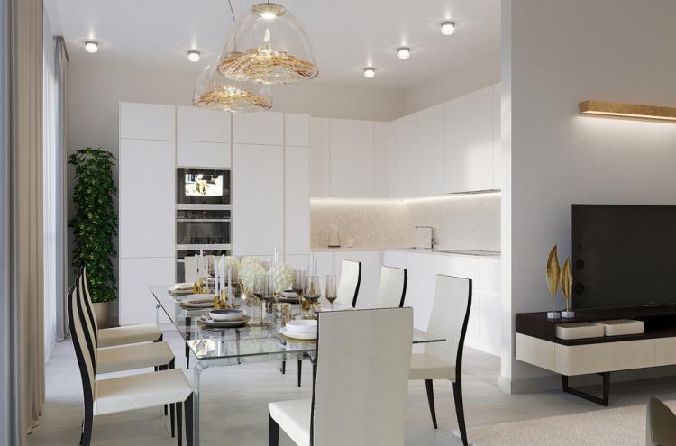 Кухня-гостиная в светлых тонах, 40 кв.м. - дизайн интерьера