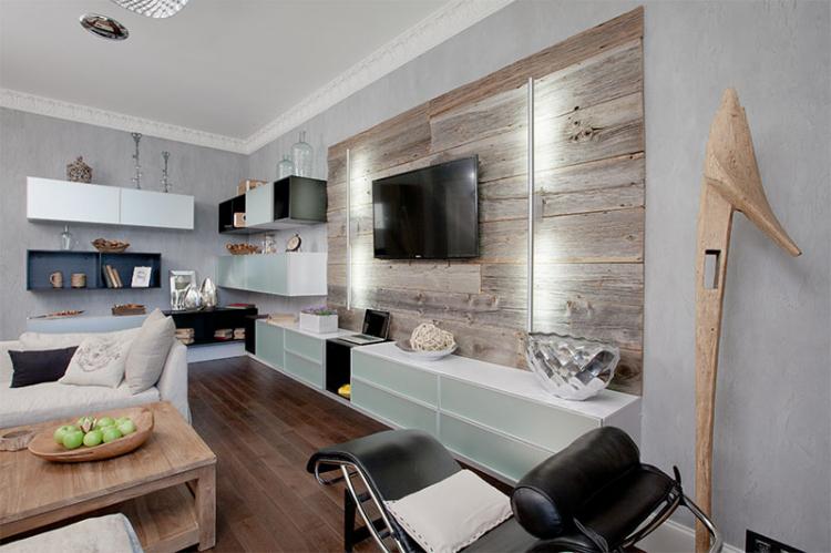 Ламинат на стене в гостиной - фото