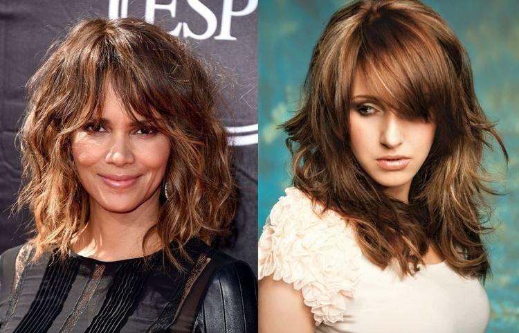 Лесенка на средние волнистые волосы с челкой