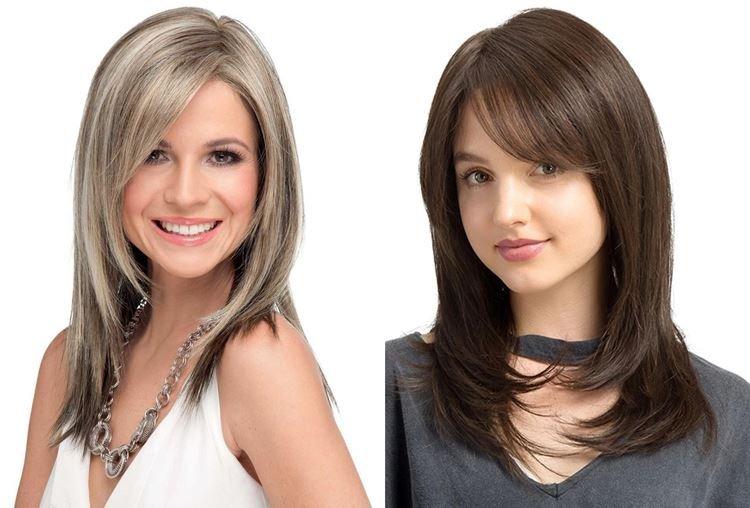 Лесенка на средние волосы с челкой и косым пробором