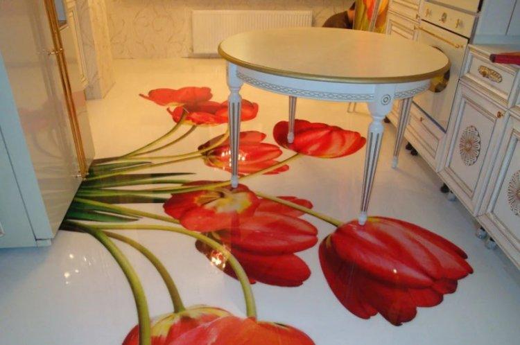 Наливные 3D-полы на кухне - фото