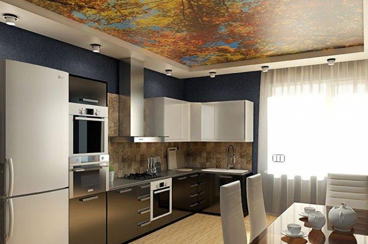 Натяжные потолки с фотопечатью на кухне