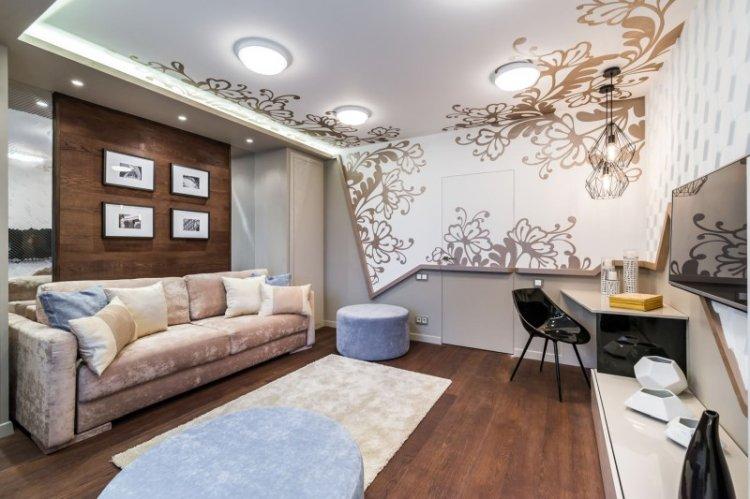 Натяжные потолки с фотопечатью в зале (гостиной)