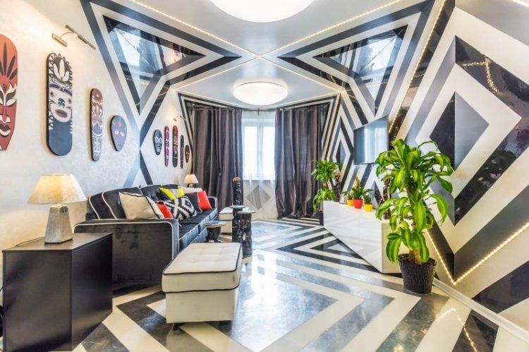 Натяжные потолки с фотопечатью в зале (гостиной)