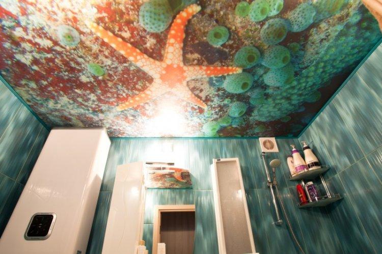 Натяжные потолки с фотопечатью в ванной комнате