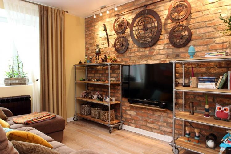 Гостиная - Обои под кирпичную кладку в интерьере