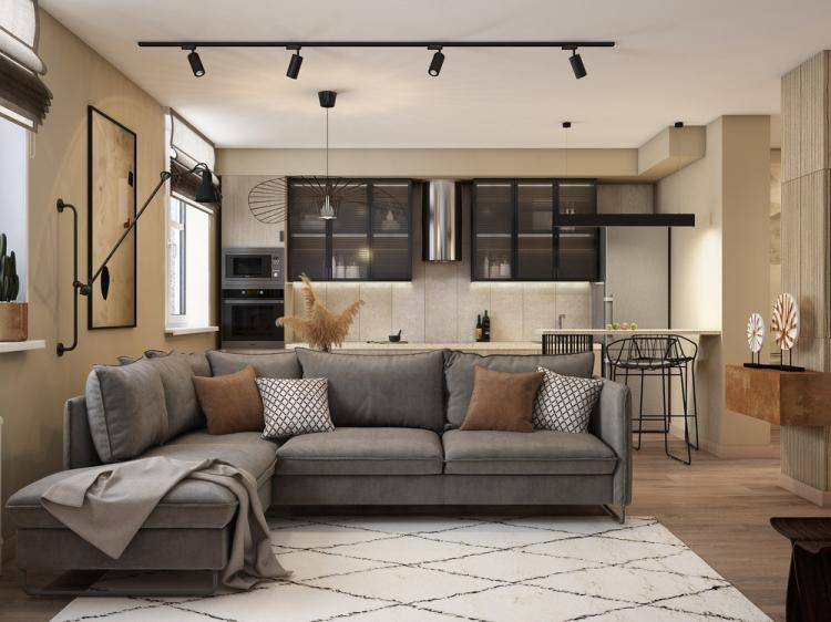 «Дожди на пляже»: Дизайн кухни-гостиной