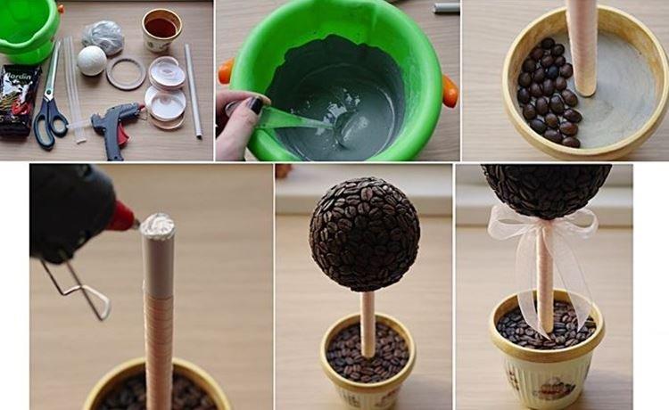 Топиарий из кофейных зерен в устойчивом горшочке