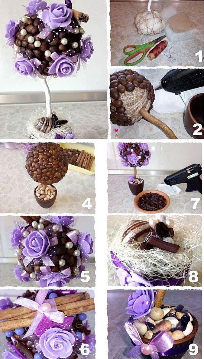 Цветущий топиарий из кофейных зерен в камнях