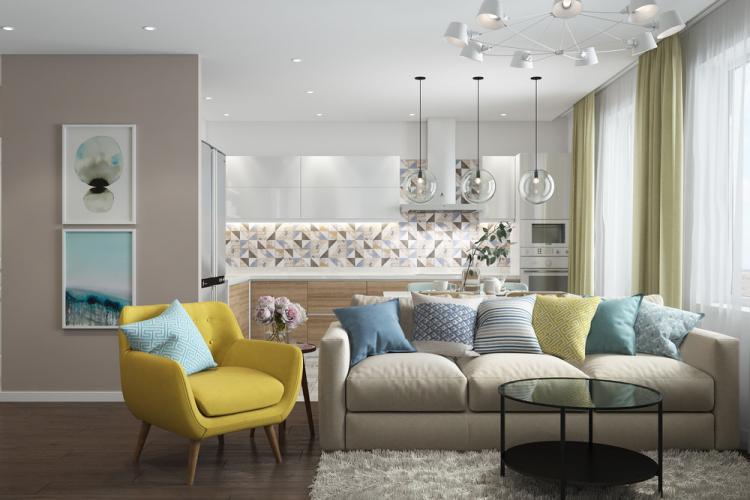 Яркая кухня-гостиная в скандинавском стиле