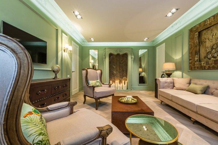 Зеленый цвет в интерьере гостиной - дизайн фото